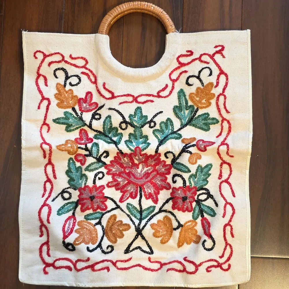Hand-Embroidered Floral Tote with Bamboo Handles - Cream & Multicolor - Picture 2 of 3